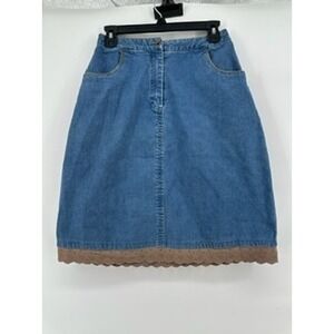 J.Jill Denim Skirt Stretch Blue with Brown Lace‎ Hem Detail Women's Sz 6